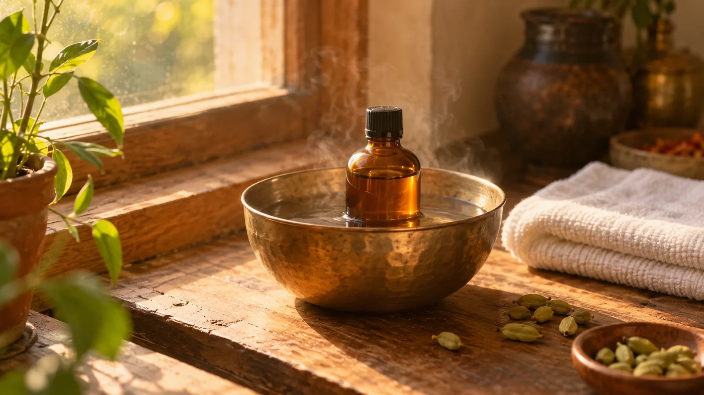 Flacon d’huile de sésame tiédi au bain-marie dans un bol en laiton, serviette pliée et gousses de cardamome