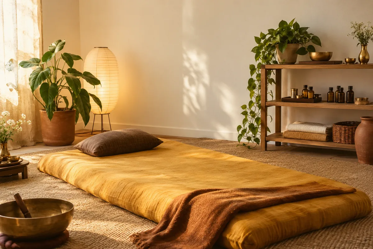 Petit cabinet de bien-être lumineux : futon couleur curcuma, coussin brun, lampe en papier, plantes et étagère d’huiles