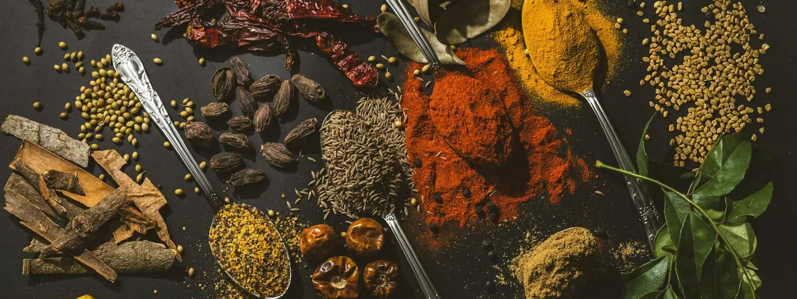Épices de la cuisine ayurvédique sur fond sombre : curcuma, cardamome, cumin, piment, cannelle et feuilles de curry